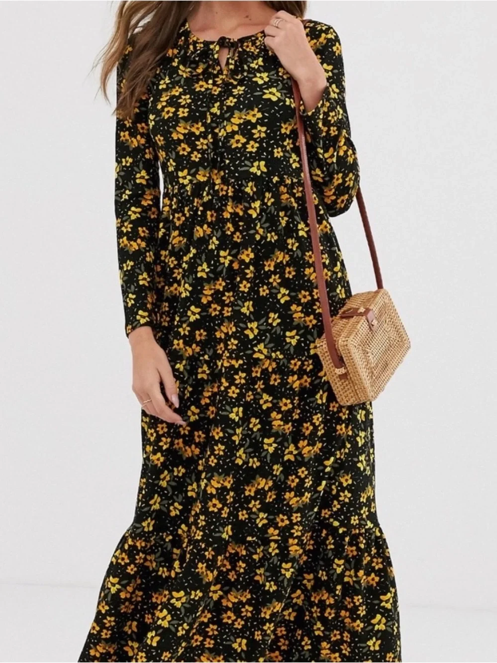 Free People Tiers of Joy Midi Dress Yellow Floral Print on Black Size Small